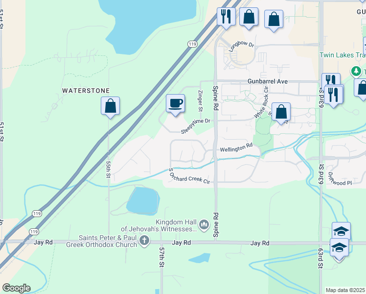 map of restaurants, bars, coffee shops, grocery stores, and more near 4588 Pussy Willow Court in Boulder