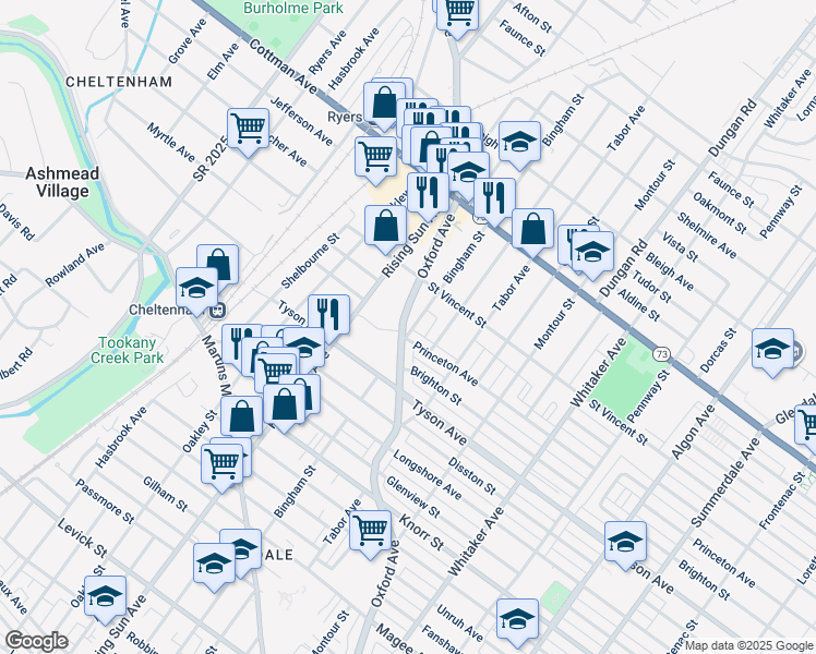 map of restaurants, bars, coffee shops, grocery stores, and more near 7101 Oxford Avenue in Philadelphia