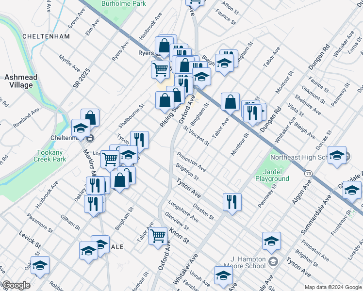 map of restaurants, bars, coffee shops, grocery stores, and more near 7121 Bingham Street in Philadelphia