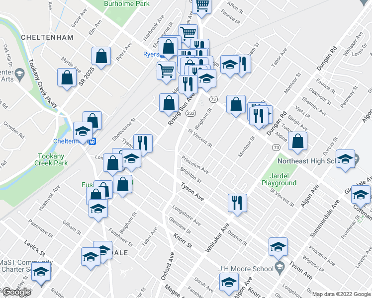 map of restaurants, bars, coffee shops, grocery stores, and more near 7121 Bingham Street in Philadelphia