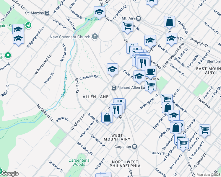 map of restaurants, bars, coffee shops, grocery stores, and more near 7213 Charlton Street in Philadelphia