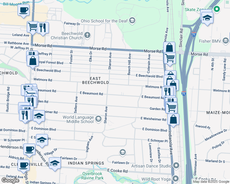 map of restaurants, bars, coffee shops, grocery stores, and more near 410 East Beaumont Road in Columbus