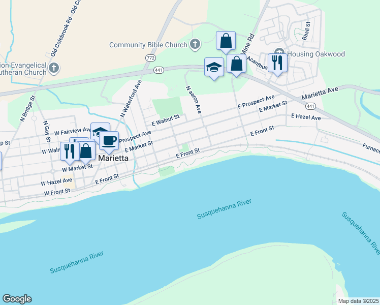 map of restaurants, bars, coffee shops, grocery stores, and more near East Front Street in Marietta