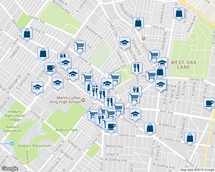 map of restaurants, bars, coffee shops, grocery stores, and more near 6939 Wister Street in Philadelphia