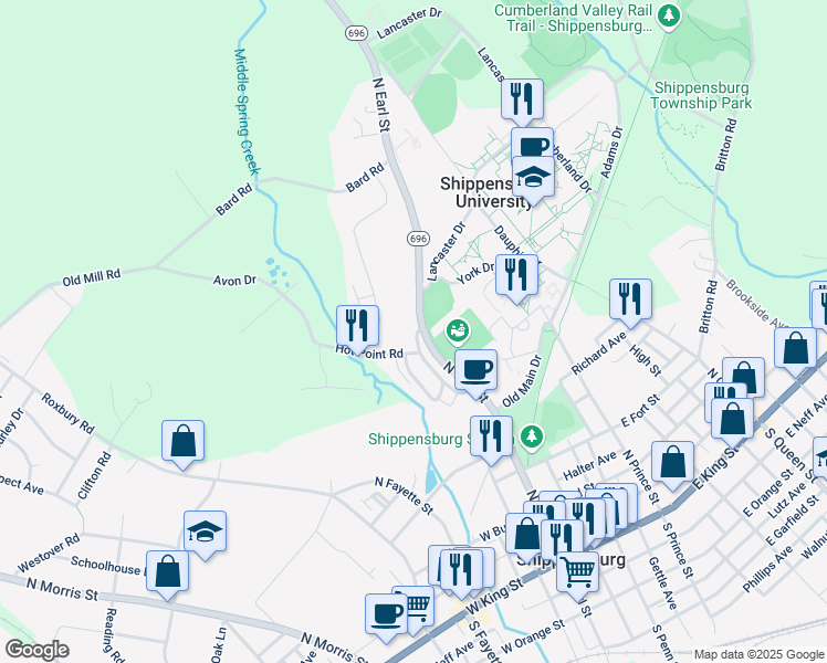 map of restaurants, bars, coffee shops, grocery stores, and more near 112 Middle Spring Avenue in Shippensburg