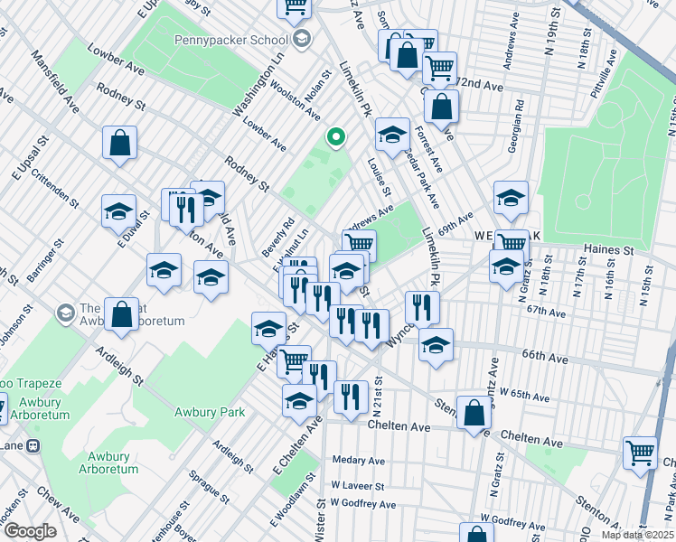 map of restaurants, bars, coffee shops, grocery stores, and more near 6939 Wister Street in Philadelphia