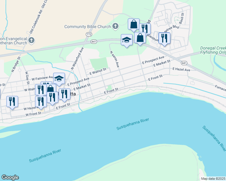 map of restaurants, bars, coffee shops, grocery stores, and more near East Front Street in Marietta