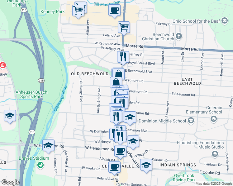 map of restaurants, bars, coffee shops, grocery stores, and more near 4663 North High Street in Columbus