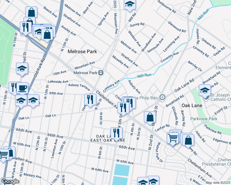 map of restaurants, bars, coffee shops, grocery stores, and more near 7301 Chestnut Avenue in Melrose Park