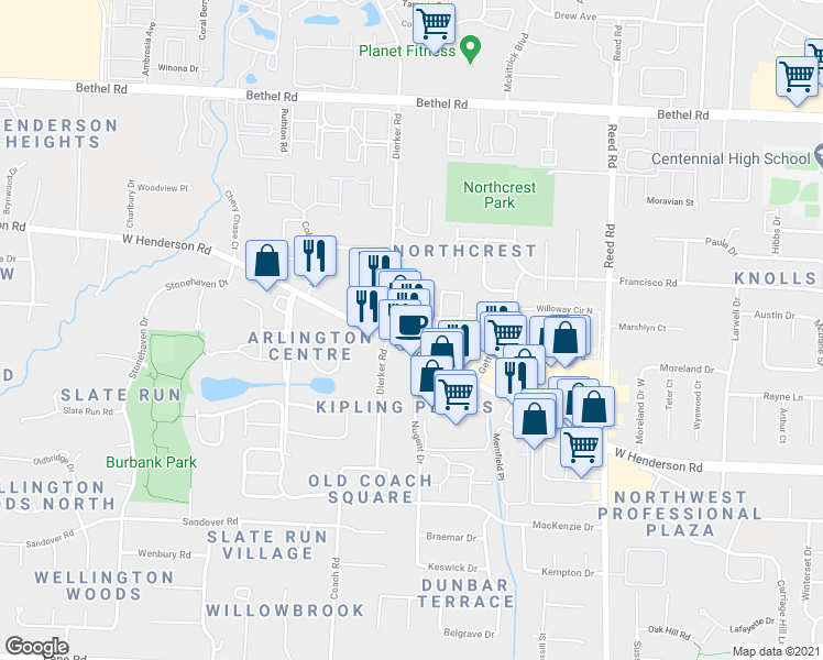 map of restaurants, bars, coffee shops, grocery stores, and more near 2094 West Henderson Road in Columbus
