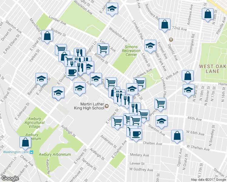 map of restaurants, bars, coffee shops, grocery stores, and more near 6665 Cornelius Street in Philadelphia