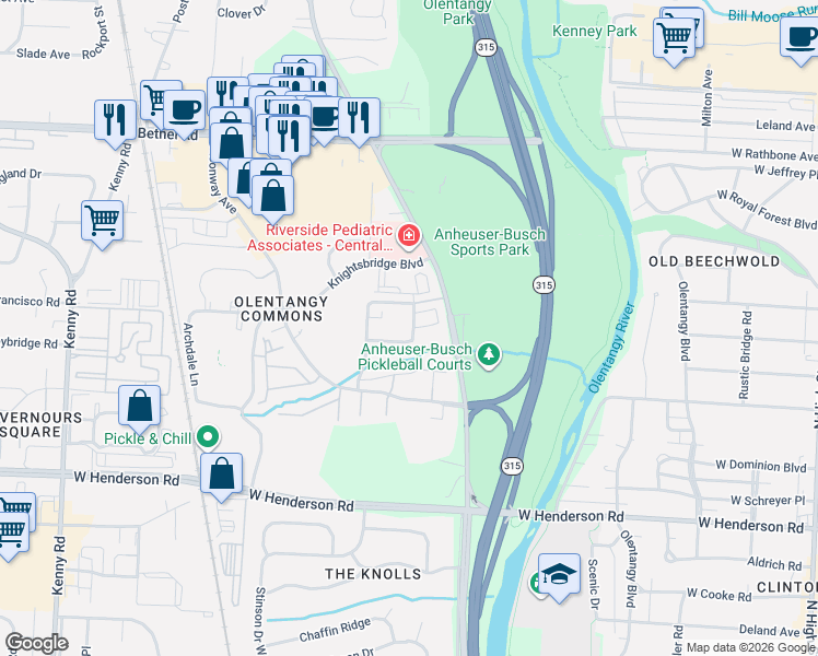 map of restaurants, bars, coffee shops, grocery stores, and more near 5950 Hedgebrooke Avenue in Columbus