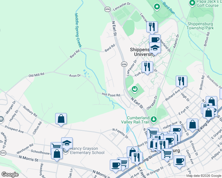 map of restaurants, bars, coffee shops, grocery stores, and more near 906 Bard Drive in Shippensburg