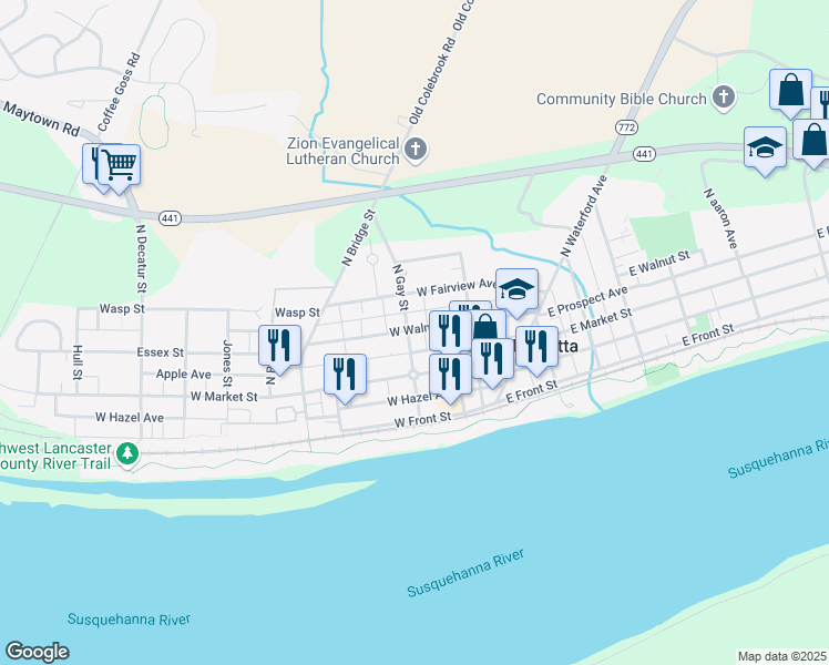 map of restaurants, bars, coffee shops, grocery stores, and more near 38 North Gay Street in Marietta
