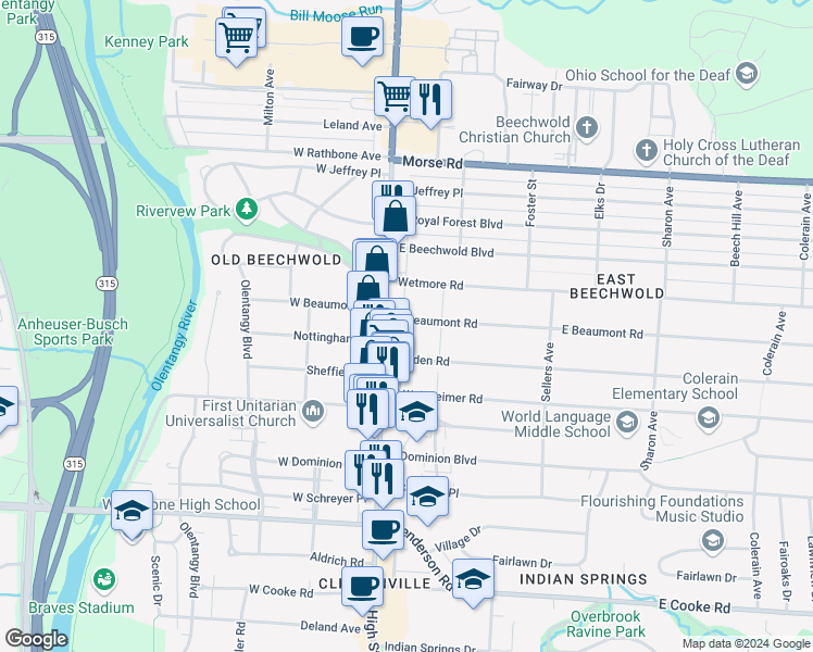 map of restaurants, bars, coffee shops, grocery stores, and more near 21 East Beaumont Road in Columbus