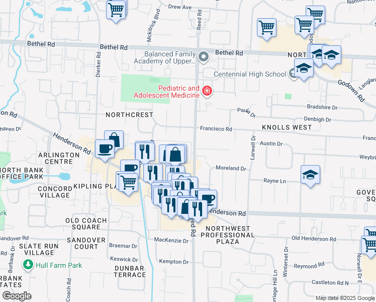 map of restaurants, bars, coffee shops, grocery stores, and more near 1751 Willoway Circle North in Columbus
