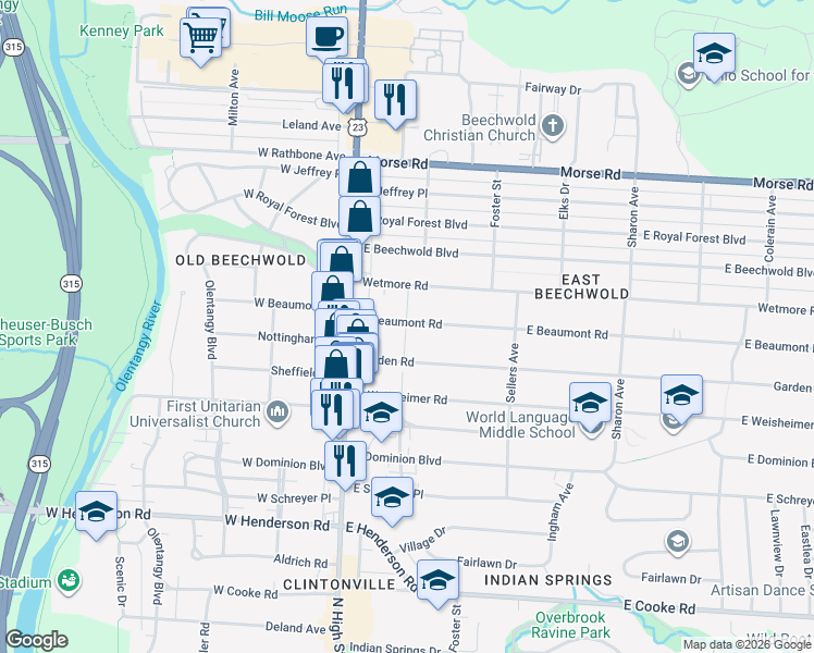 map of restaurants, bars, coffee shops, grocery stores, and more near 83 E Beaumont Rd in Columbus