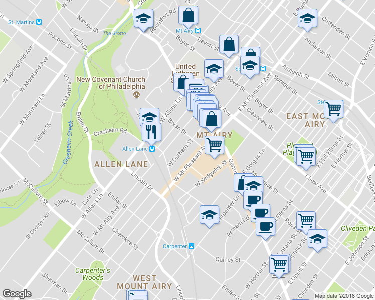 map of restaurants, bars, coffee shops, grocery stores, and more near 128 West Durham Street in Philadelphia