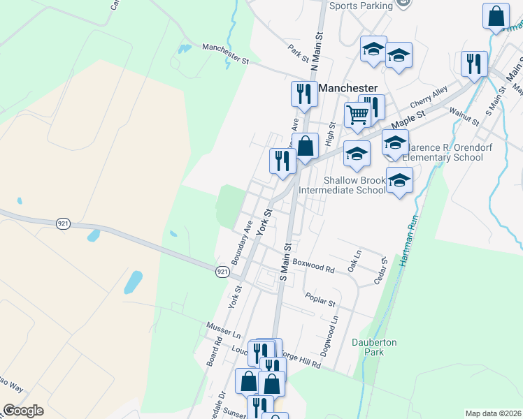 map of restaurants, bars, coffee shops, grocery stores, and more near 114 York St in Manchester