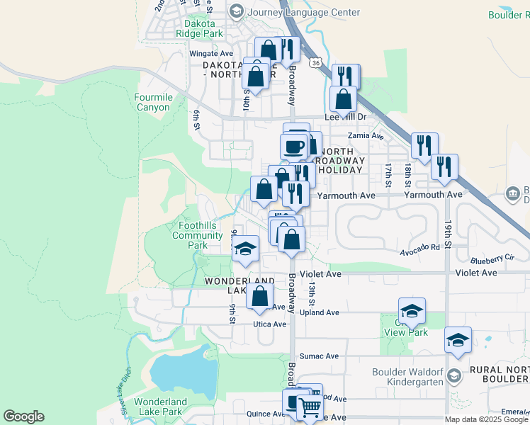 map of restaurants, bars, coffee shops, grocery stores, and more near 1025 Rosewood Avenue in Boulder