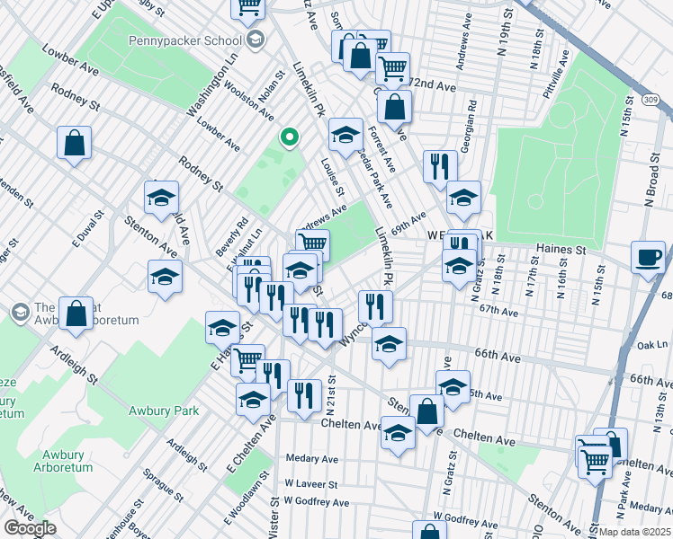 map of restaurants, bars, coffee shops, grocery stores, and more near 6858 Woolston Avenue in Philadelphia