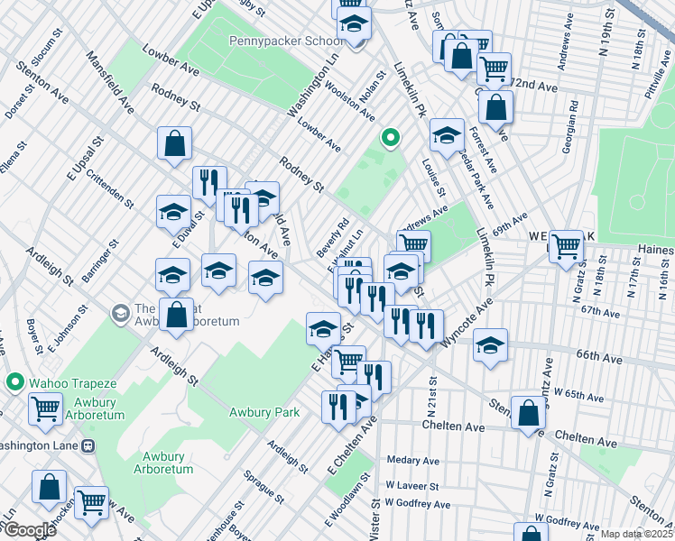 map of restaurants, bars, coffee shops, grocery stores, and more near 6665 Cornelius Street in Philadelphia