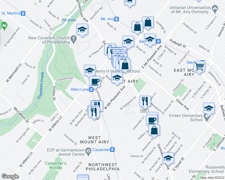map of restaurants, bars, coffee shops, grocery stores, and more near 128 West Durham Street in Philadelphia