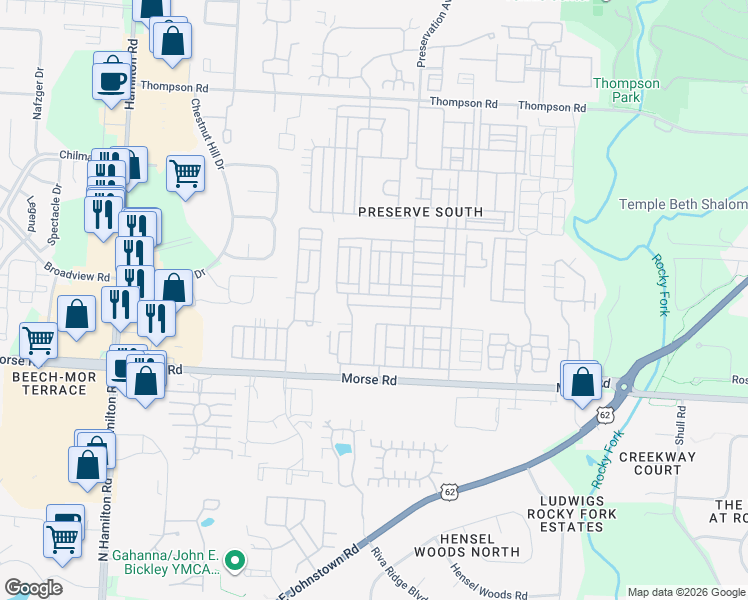 map of restaurants, bars, coffee shops, grocery stores, and more near 6189 Needletail Road in Columbus