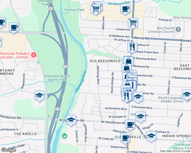 map of restaurants, bars, coffee shops, grocery stores, and more near 192 Nottingham Road in Columbus