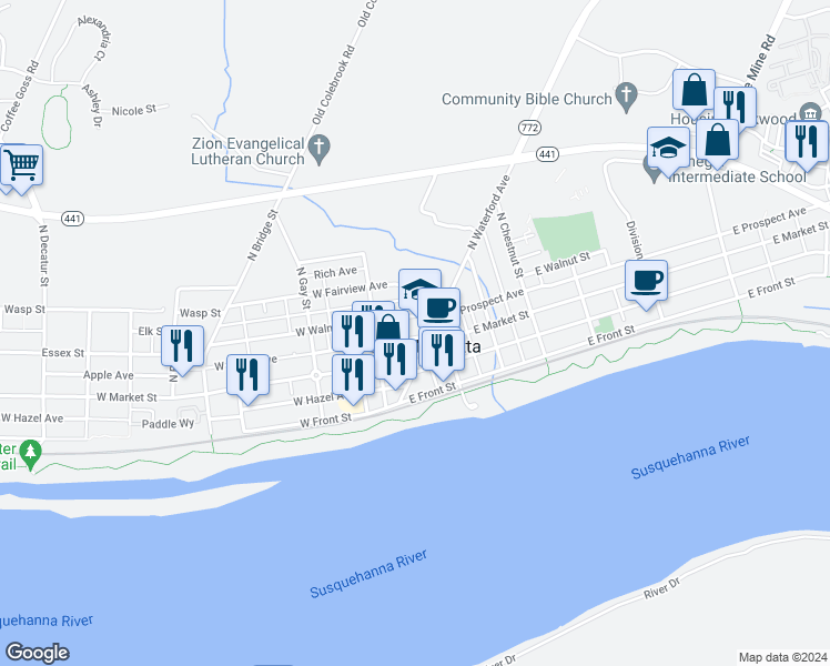 map of restaurants, bars, coffee shops, grocery stores, and more near 10 Apple Avenue in Marietta