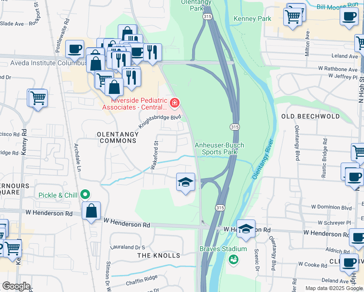 map of restaurants, bars, coffee shops, grocery stores, and more near 5950 Hedgebrooke Avenue in Columbus