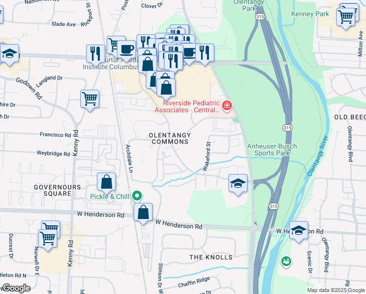 map of restaurants, bars, coffee shops, grocery stores, and more near 4800 Knightsbridge Boulevard in Columbus