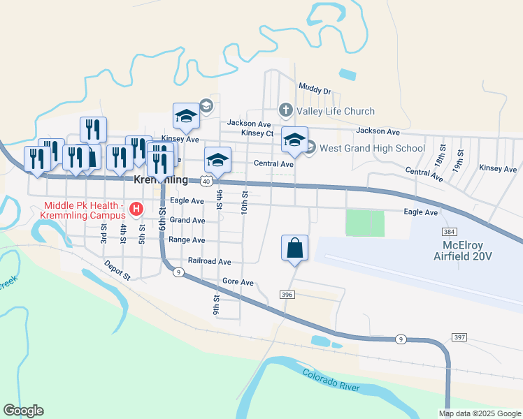 map of restaurants, bars, coffee shops, grocery stores, and more near 1016 Eagle Avenue in Kremmling