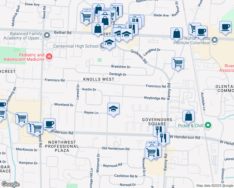 map of restaurants, bars, coffee shops, grocery stores, and more near 1414 Weybridge Road in Columbus