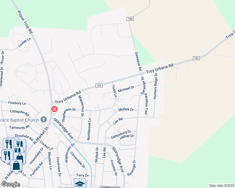 map of restaurants, bars, coffee shops, grocery stores, and more near 1275 Todd Lane in Troy
