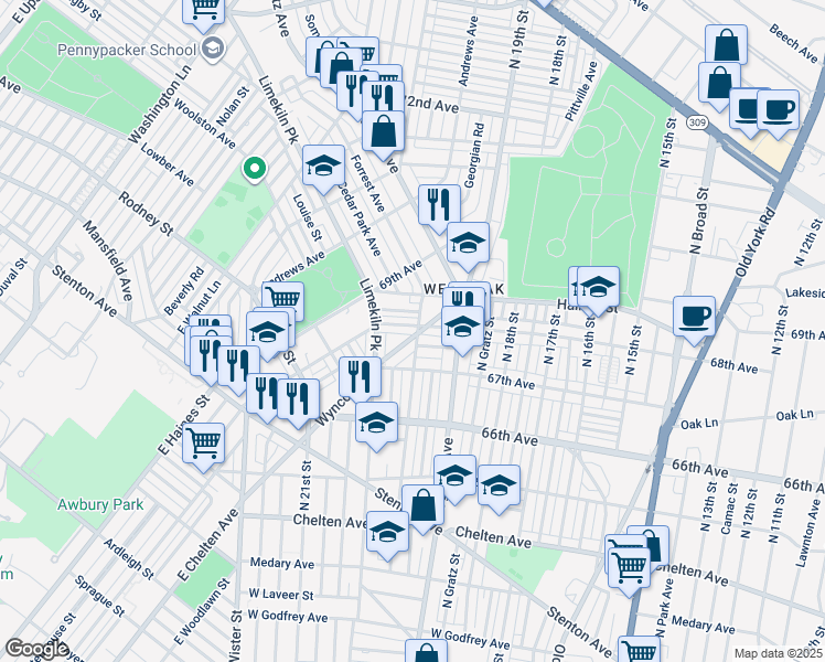 map of restaurants, bars, coffee shops, grocery stores, and more near 6792 North 20th Street in Philadelphia