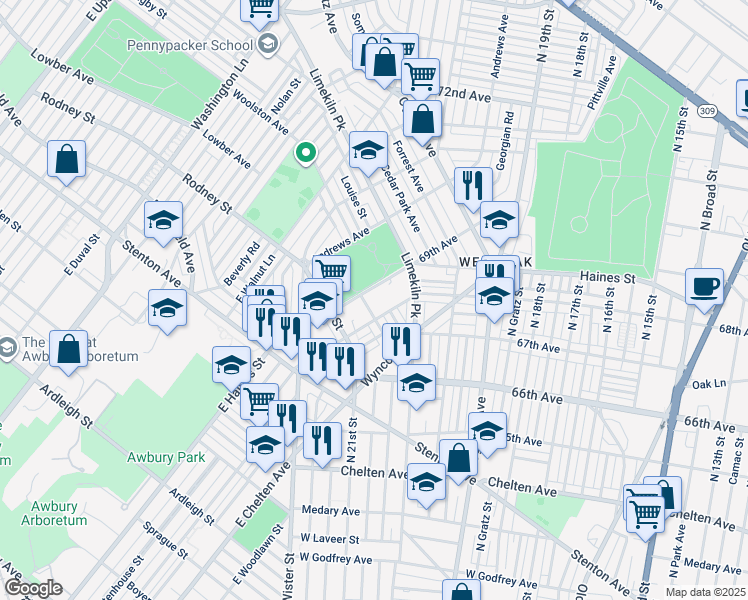 map of restaurants, bars, coffee shops, grocery stores, and more near 2070 East Haines Street in Philadelphia