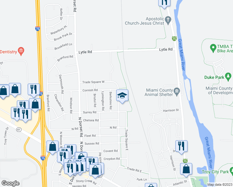 map of restaurants, bars, coffee shops, grocery stores, and more near 782 Trade Square East in Troy