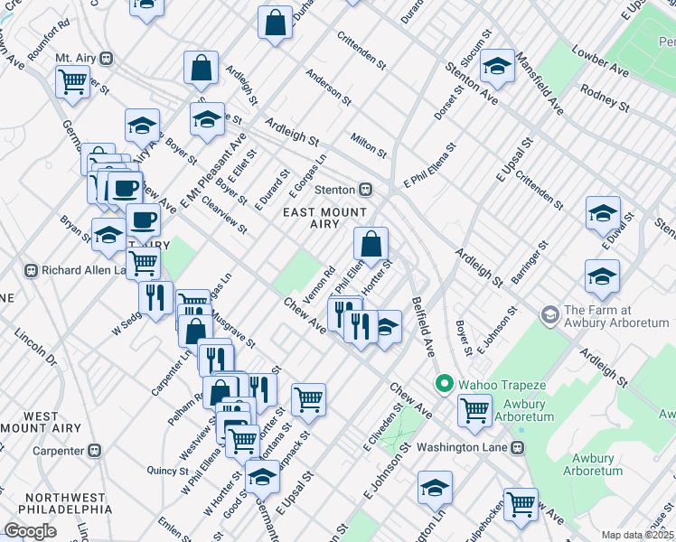 map of restaurants, bars, coffee shops, grocery stores, and more near 405 East Phil Ellena Street in Philadelphia