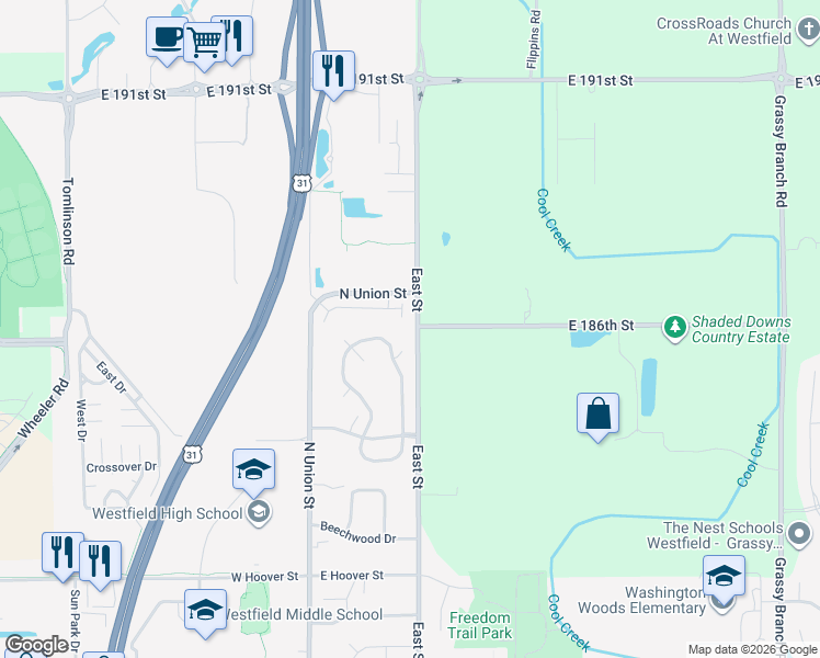 map of restaurants, bars, coffee shops, grocery stores, and more near 989 North East Street in Westfield