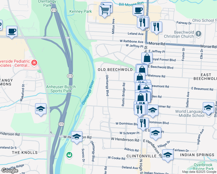 map of restaurants, bars, coffee shops, grocery stores, and more near 192 Nottingham Road in Columbus
