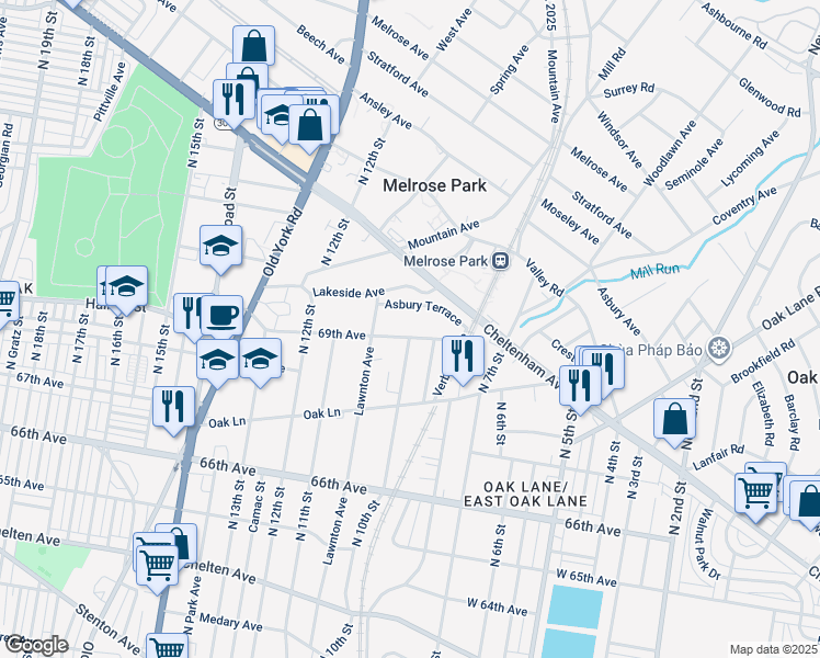 map of restaurants, bars, coffee shops, grocery stores, and more near 1001 69th Avenue in Philadelphia