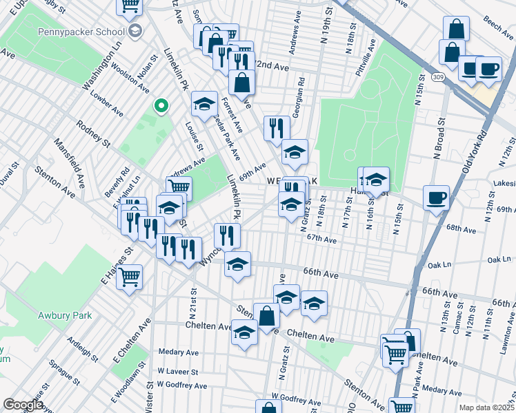 map of restaurants, bars, coffee shops, grocery stores, and more near 6792 North 20th Street in Philadelphia