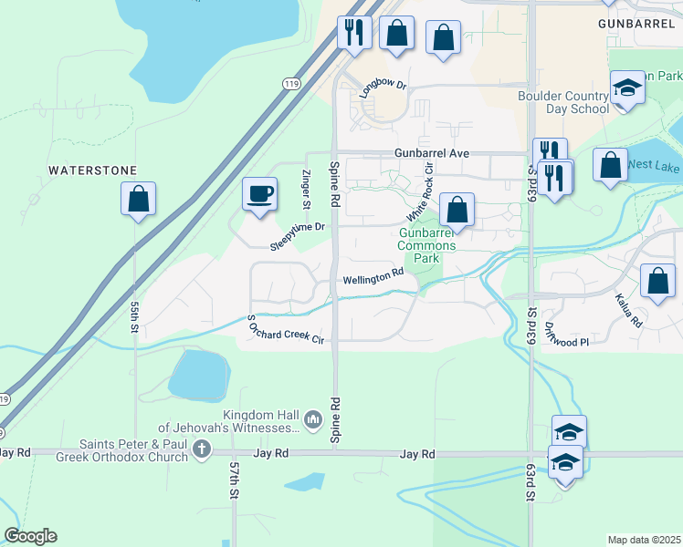 map of restaurants, bars, coffee shops, grocery stores, and more near 5903 Wellington Road in Boulder