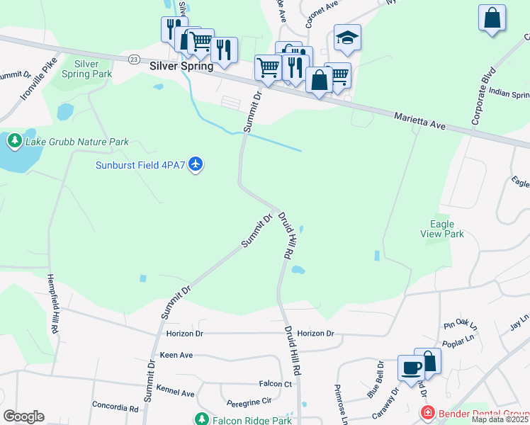 map of restaurants, bars, coffee shops, grocery stores, and more near 684 Summit Drive in Lancaster