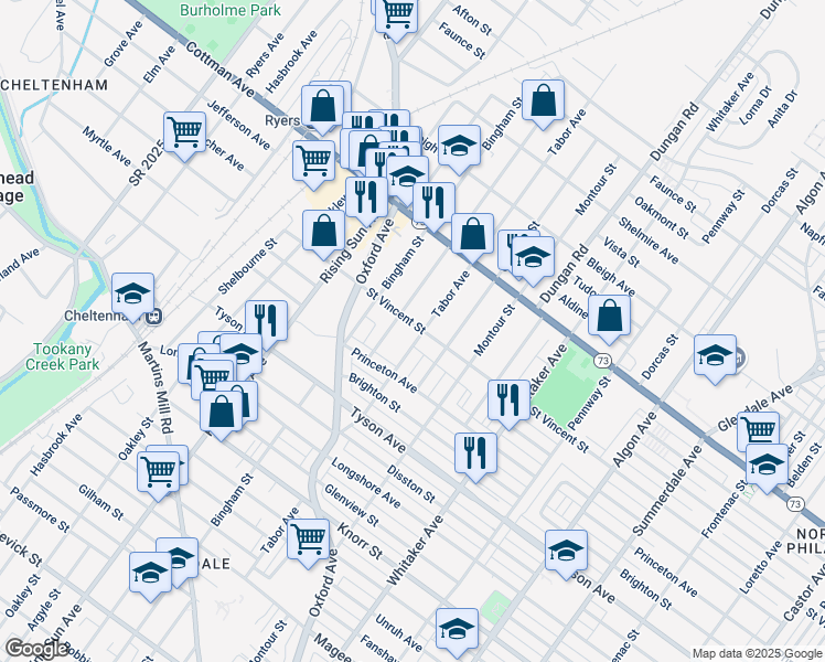map of restaurants, bars, coffee shops, grocery stores, and more near 7152 Tabor Avenue in Philadelphia