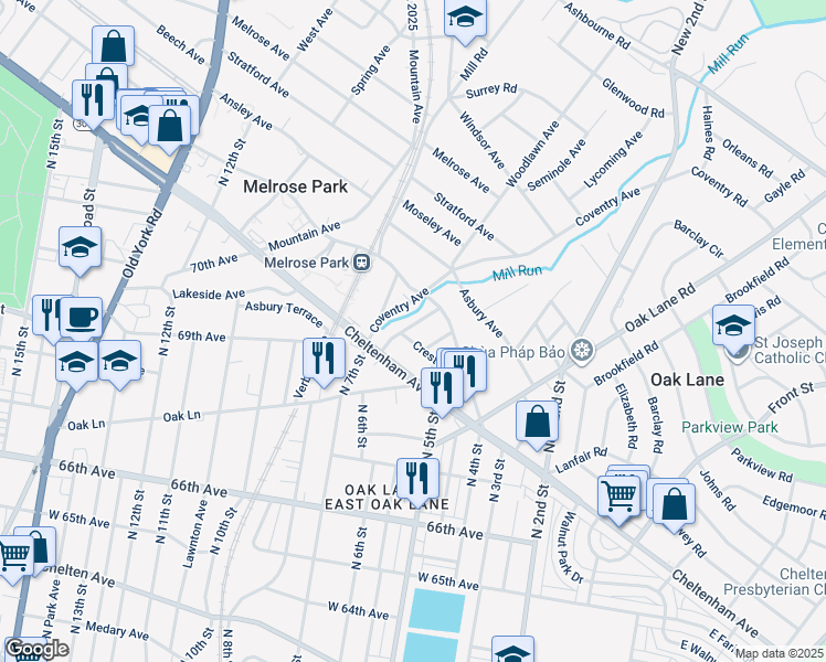 map of restaurants, bars, coffee shops, grocery stores, and more near 7301 Chestnut Avenue in Melrose Park
