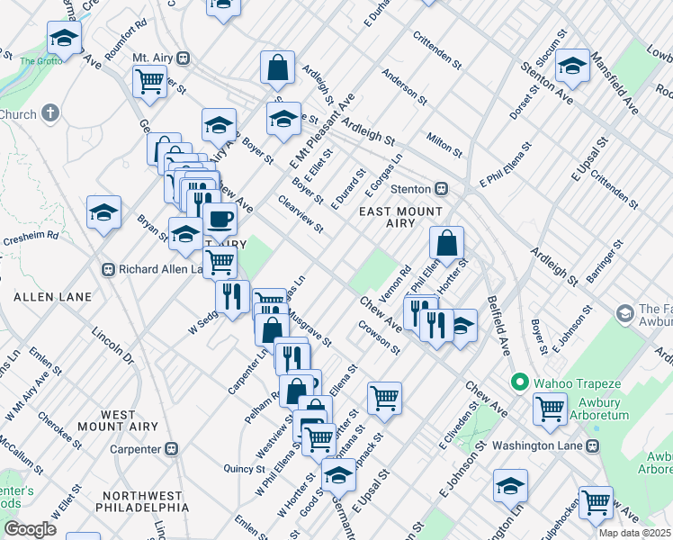map of restaurants, bars, coffee shops, grocery stores, and more near 6824 Chew Avenue in Philadelphia
