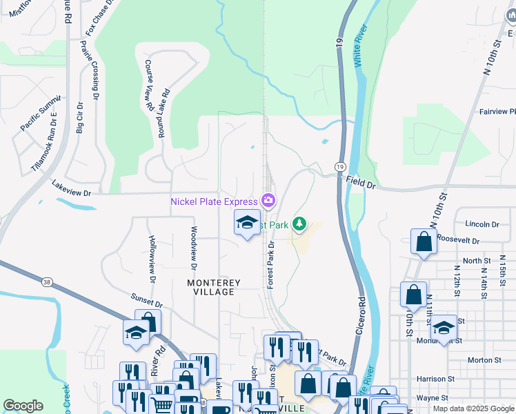 map of restaurants, bars, coffee shops, grocery stores, and more near 331 Beechwood Court in Noblesville