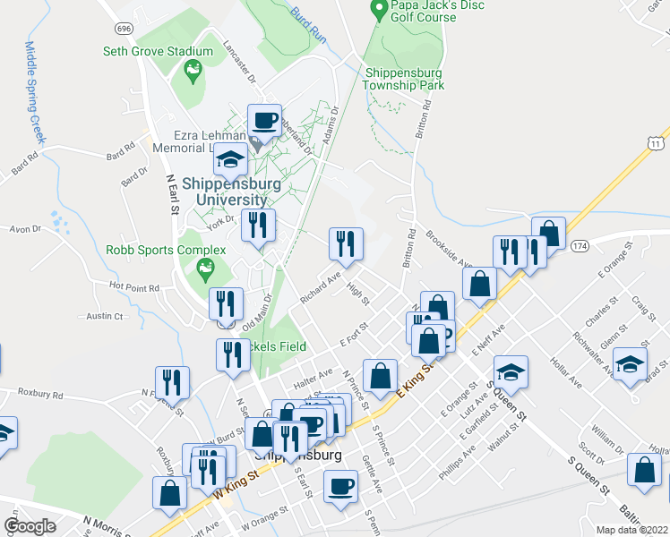 map of restaurants, bars, coffee shops, grocery stores, and more near 36 Richard Avenue in Shippensburg